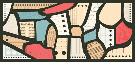 Paper Cut elements set for Collage. Pieces of retro Newspaper with vintage text made with scissors. Clipped Sheets of abstract Notebook with smooth sharp corners. Trendy grunge shapes for scrapbook.のイラスト素材