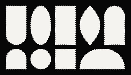 Geometric Shapes white quote Frame set. Empty jagged curved box element. Wavy simple stickers or stamps Textbox. Flat Vector isolated illustration for poster social media with text place..のイラスト素材