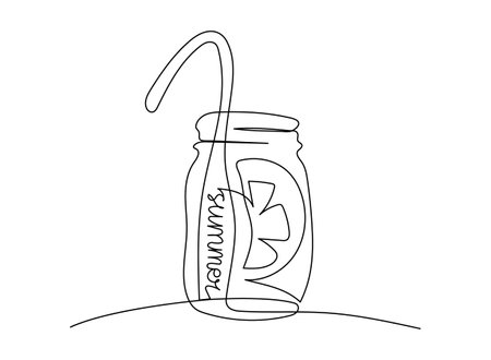 Non-alcoholic Summer drink in glass with a straw and tropical fruits in one continuous line style. Summertime cocktail illustration hand drawn with editable stroke.のイラスト素材