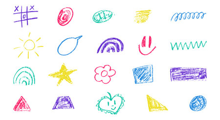 Crayon color pencil texture and hand drawn wax element. Children star, circle, shape. Childish chalk pencil scribbleのイラスト素材