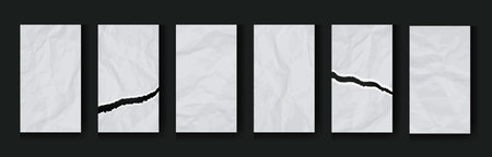 Crumpled Paper Notebook sheets for social media stories or cards. Realistic set of empty white pages with wrinkle for collage or scrapbook. Vertical blank old torn pieces of wallpaper with crease.のイラスト素材