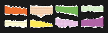 Set of Notes crumpled torn paper. Jagged edges sheets for Collage or scrapbook. Empty multicolored Frame and textbox. Trendy realistic Notebook pieces for children's art.のイラスト素材