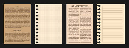 Old Scrapbook paper Sheets. Retro books and notepad pages for trendy Collages. Notebook elements with lines and squares. Antique album or copybook wallpaper for social media story.のイラスト素材