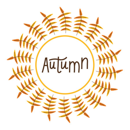 Hand drawn lettering Autumn in a round frame of multicolored leaves. Fall wreath and hand written word. Circle textbox made from botanical elementsのイラスト素材