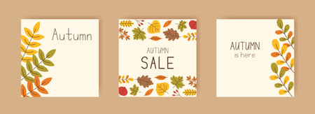 Autumn hand drawn greeting card, square posters set. Cozy fall leaves. Trendy seasonal vector illustration for postcard, social media, web, flyer, cover Sale.のイラスト素材