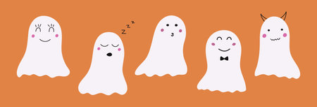 Cute Halloween Ghosts Set. Hand drawn spooky flying white spirits with face and emotions. Funny...