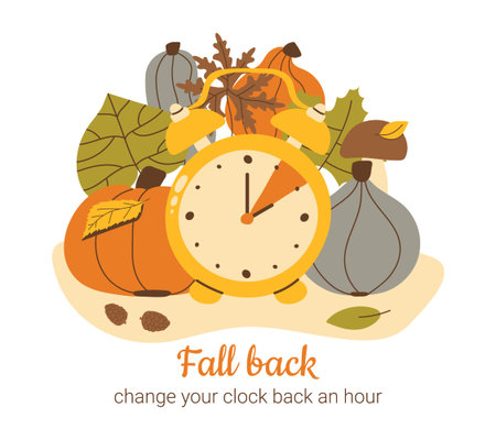 Fall Back concept. Daylight saving time ends reminder poster. Clock change back one hour in Wintertime. Yellow alarm clock with pumpkins and leaves autumn decoration. Winter is here.のイラスト素材