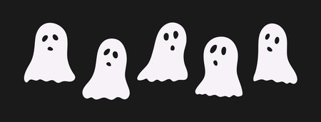 Minimalist Halloween white ghost set on black background. Cute, flat hand drawn vector illustration for banner, greeting card, poster, invitation, cover.のイラスト素材