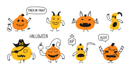 Funny Pumpkins with arms and legs,different faces for Halloween. Cute hand drawn characters for decorating banners, posters, holiday event. Death scythe, bat, wizard bottle of magic elixir, pirate.のイラスト素材