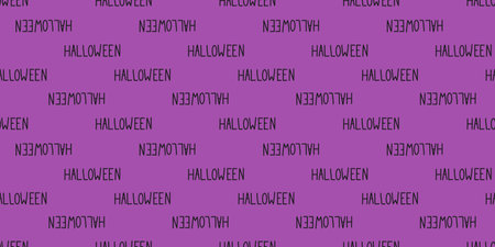 Halloween handwritten lettering seamless pattern on violet background. Word in black for postcard, card, page etcのイラスト素材