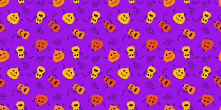 Repeatable funny Halloween Pumpkins Pattern on violet backdrop. Emotional hand drawn characters on seamless design. Rip, grim Reaper.のイラスト素材