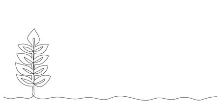 One line art drawing leaf banner with copy space. Autumn nature minimalist background with place for text. Vegetable concept. Continuous hand drawn design graphic vector illustrationのイラスト素材