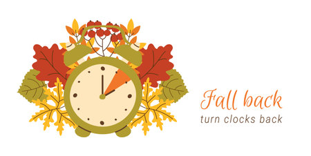 Fall Back reminder banner. Daylight saving time ends info background. Simple hand drawn alarm clock and information set clocks back Wintertime.のイラスト素材