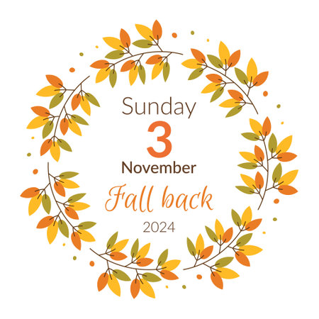 Fall Back poster. Daylight saving time ends concept. Leaves frame and calendar with the date of November 4, 2024 on autumn background. Reminder concept wintertime.のイラスト素材