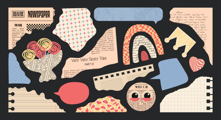 Torn newspapers and Notebook sheets for Collages and Scrapbook. Cut strips of Paper with uneven edges. Pieces of vintage book pages trendy design. Ripped notepad textbox. Flowers, rainbow and crown.のイラスト素材