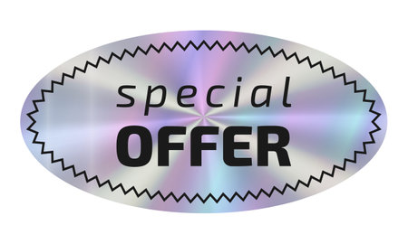Color neon Sticker Special Offers. Label with holographic effect. Isolated Shiny rainbow oval emblem. Hologram geometric shape with textのイラスト素材