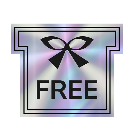 Free Holographic retro futuristic sticker. Foil Tag with gift shape and bow. Hologram label with Silver metallic effect.のイラスト素材