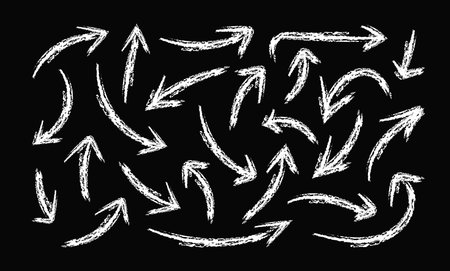 White Arrow line chalk hand drawn set on black background. Grunge doodle element scribble sketch design. Abstract crayon pencil pointer pack.のイラスト素材