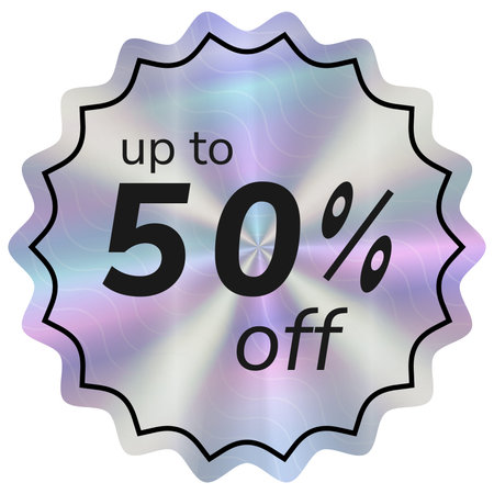 Sale Holographic Sticker up to 50 off. Circle Hologram emblem with wavy line. Simple rainbow label....