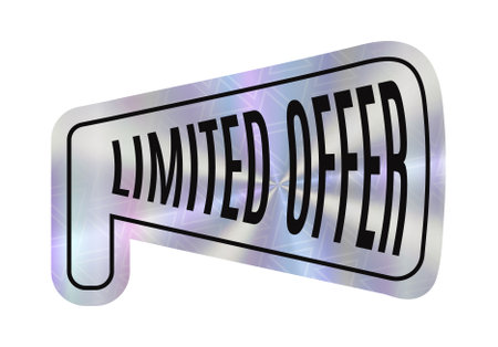Limited Offer Holographic sticker on transparent background. Hologram label megaphone shape. Vintage Label.のイラスト素材