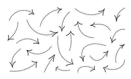 Dotted Lines Arrows in hand drawn style. Dot doddle direction lines set. Curved, dashed, split editable stroke.のイラスト素材