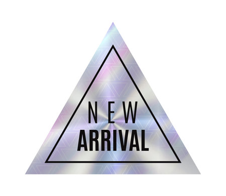 Triangular sign displaying the phrase New Arrival in bold letters captures attention with its holographic, reflective background. Sticker retail environments launch of fresh merchandiseのイラスト素材