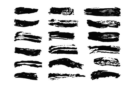 Grunge text boxes set. Black Paintbrush collection. Messy texture design elements. Dirty dry long strokesのイラスト素材