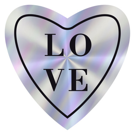 Hologram Heart label in retro style. Simple geometric shape with rainbow color. Love Tag for Valentines Day. Holographic y2k Sticker.のイラスト素材