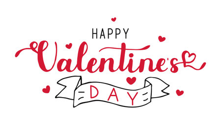 Happy Valentines Day red typography poster with hand drawn calligraphy text. Handwritten lettering isolated on white background with hearts.のイラスト素材