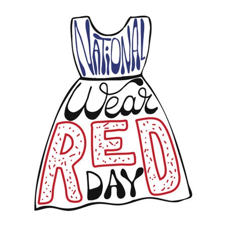 National Wear Red Day hand drawn calligraphy lettering in dress shape.のイラスト素材