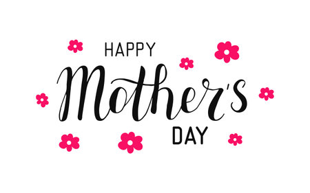 Happy Mother's Day calligraphy hand drawn lettering. Handwritten words for greeting card, banner, poster, cover. Holiday black inscription decorated with pink heartsのイラスト素材