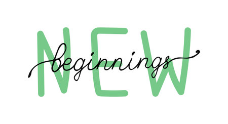 Spring quote New beginning lettering design. Modern hand drawn calligraphic spring inspiration. One line word on green letters. Handwritten illustration for banner poster coverのイラスト素材