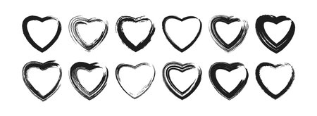 Various black Hearts from grunge brush strokes on a white background. Valentines Day Love elements or banner poster card. Black textured shapesのイラスト素材