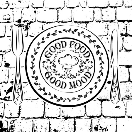 Black and white vector illustration of a plate, fork and knife and the words GOOD FOOD GOOD MOODのイラスト素材