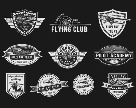 Vector set of Vintage Aviation for logo templates, icons, emblems, color graphic collection signs, air flight, tour, promotion promotion isolated on black backgroundのイラスト素材