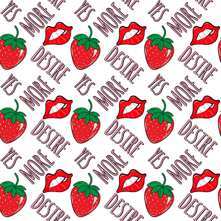 Vector seamless background with lips and strawberries and words yes, more,desireのイラスト素材