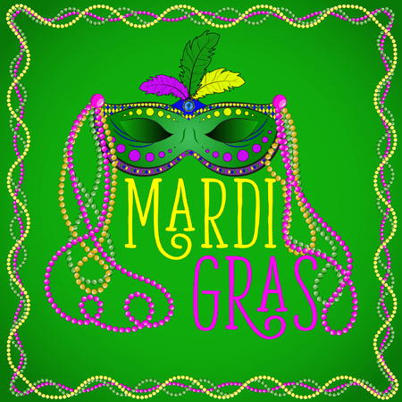 Vektoranya card to holiday Mardi Gras. Festive mask with purple, yellow and green pen and colored beads on a green background.のイラスト素材