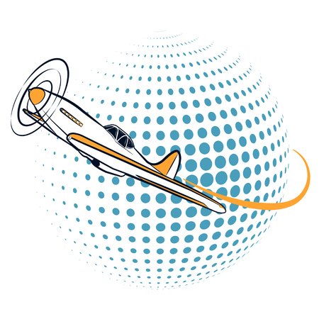 vector illustrations airplane flying around the earth in the halftones to be used for print web and logosのイラスト素材