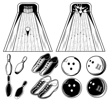 Vector black and white set of elements of bowling game for use in print, design or web on white backgroundのイラスト素材