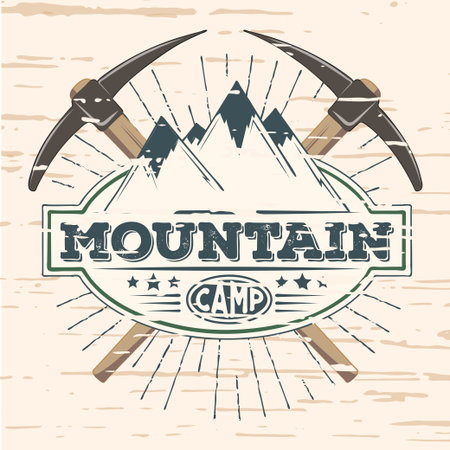 Vector color mountain camping badge with superimposed wood texture on a wooden backgroundのイラスト素材