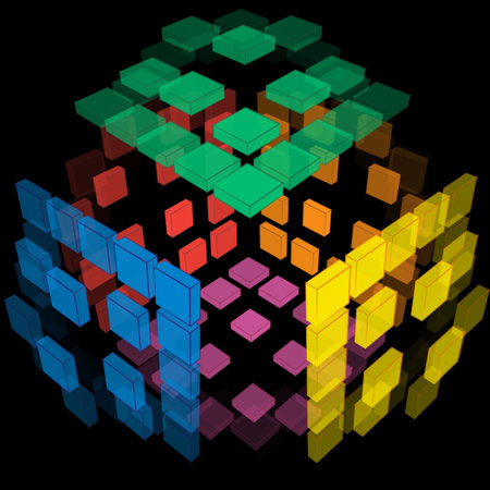 Vector 3d illustration of creative colorful cubes in space on a dark background for your fashionable designのイラスト素材