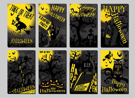 A set of halloween cards for your festive design, promotions, printing and the Internet. Vector illustration.のイラスト素材