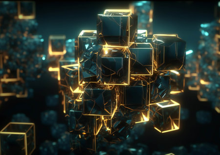 Cybernetic Geometric Dance: Golden Cubes and Cyan Molecular Structures (AI Generated)の素材