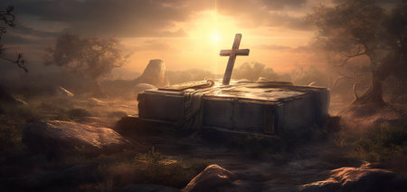 Ethereal Sunrise Over Cross and Tomb: A Serene Spiritual Journey (AI Generated)の素材