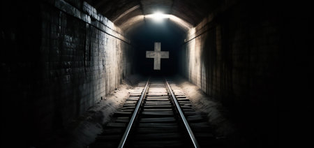 Shadowy Passage: A Tenebristic Tunnel Guided by a Cross (AI Generated)の素材