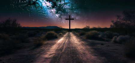 Enigmatic Desert Roadway and Cross (AI Generated)の素材