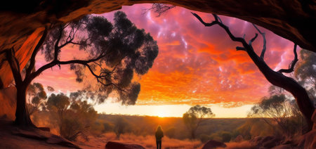Ethereal Sunset Cave Amidst Vibrant Dreamscapes (AI Generated)の素材