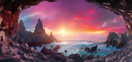 Ethereal Sunrise Through a Cave of Crosses (AI Generated)の素材