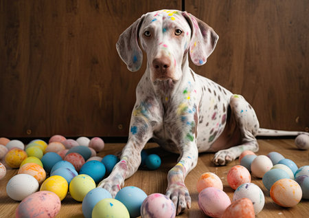 Playful Picasso-Inspired Bunny Pup and Paint-Splattered Eggs (AI Generated)の素材