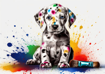 Playful Puppy Amidst Vibrant Paintbrush Confetti (AI Generated)の素材